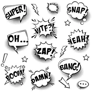 Comic speech bubbles with halftone shadows and text isolated on white background 库存插图