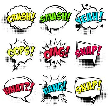 Comic speech bubbles with halftone shadows and colorful text isolated on white Stock Illustration