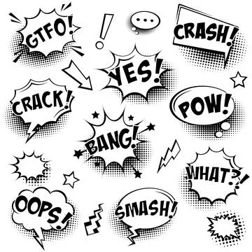 Comic speech bubbles with halftone shadows and text isolated on white background 스톡 일러스트