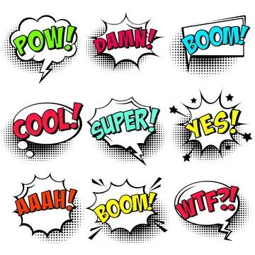 Comic speech bubbles with halftone shadows and colorful text isolated on white 스톡 일러스트