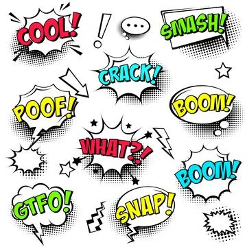 Comic speech bubbles with halftone shadows and colorful text isolated on white Stock Illustration