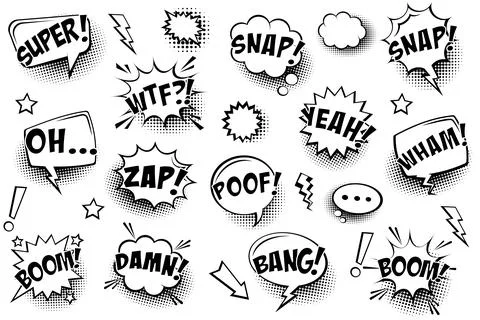 Comic speech bubbles with halftone shadows and text isolated on white background Illustrazione stock
