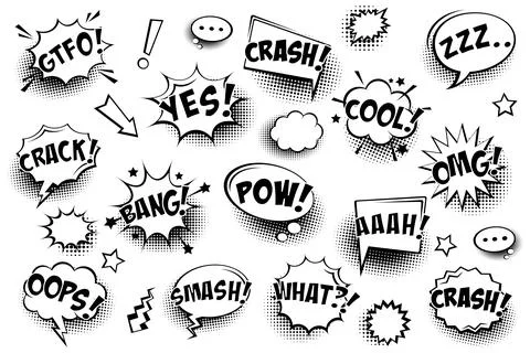 Comic speech bubbles with halftone shadows and text isolated on white background Stock Illustration