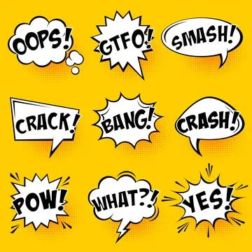 Comic speech bubbles with halftone shadows and text on yellow background. Hand Stock Illustration