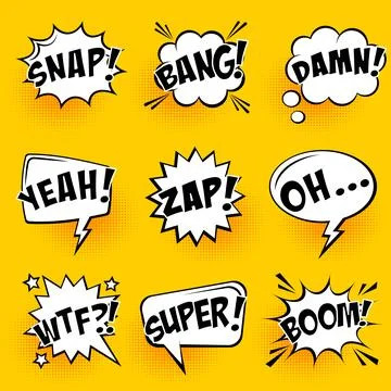 Comic speech bubbles with halftone shadows and text on yellow background. Hand Stock Illustration