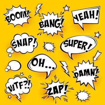 Comic speech bubbles with halftone shadows and text on yellow background. Hand Stock Illustration