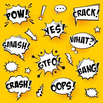 Comic speech bubbles with halftone shadows and text on yellow background. Hand Stock Illustration