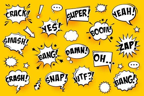 Comic speech bubbles with halftone shadows and text on yellow background. Hand 스톡 일러스트