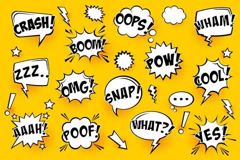 Comic speech bubbles with halftone shadows and text on yellow background. Hand 스톡 일러스트