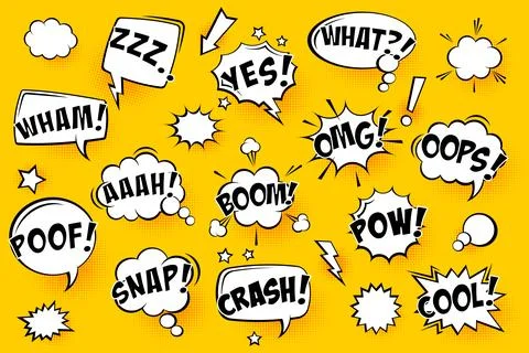 Comic speech bubbles with halftone shadows and text on yellow background. Hand Stock Illustration