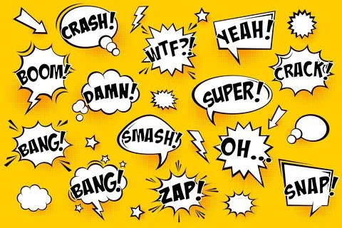 Comic speech bubbles with halftone shadows and text on yellow background. Hand Stock Illustration