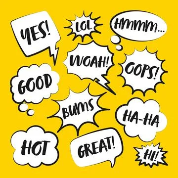 Comic speech bubbles with handwritten text. Outline, hand drawn retro cartoon 스톡 일러스트