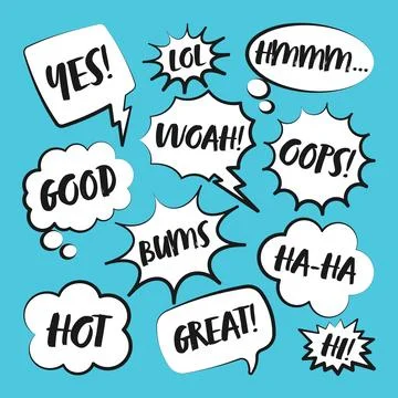 Comic speech bubbles with handwritten text. Outline, hand drawn retro cartoon 스톡 일러스트