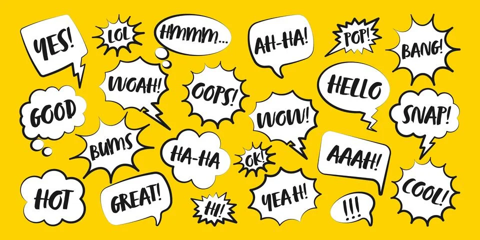 Comic speech bubbles with handwritten text. Outline, hand drawn retro cartoon Stock Illustration