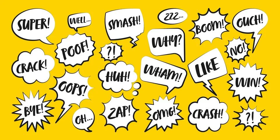 Comic speech bubbles with handwritten text. Outline, hand drawn retro cartoon Stock Illustration