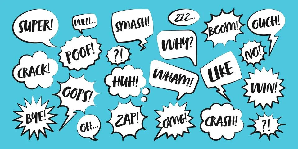 Comic speech bubbles with handwritten text. Outline, hand drawn retro cartoon 스톡 일러스트