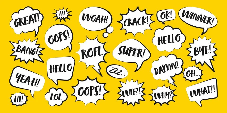 Comic speech bubbles with handwritten text. Outline, hand drawn retro cartoon イラスト素材