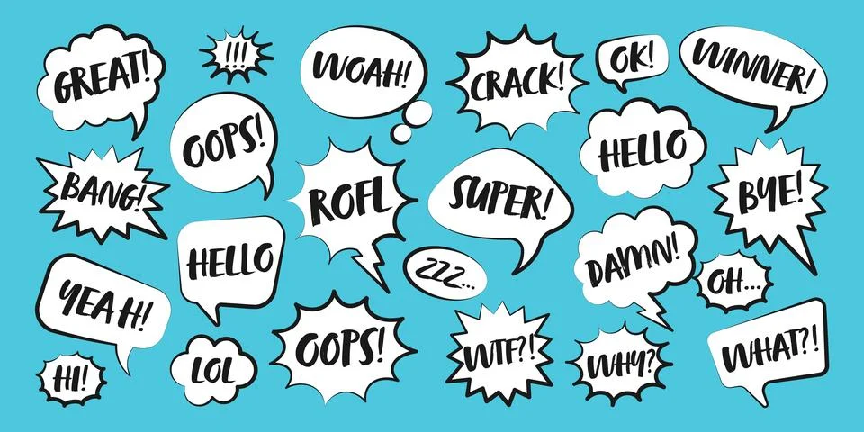 Comic speech bubbles with handwritten text. Outline, hand drawn retro cartoon Stockillustratie