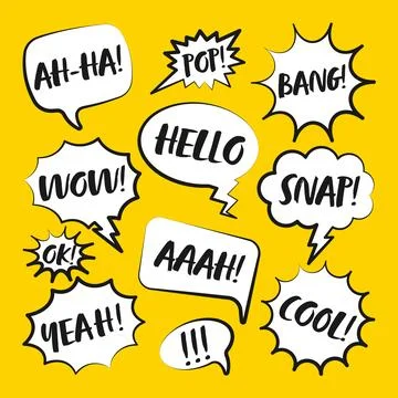 Comic speech bubbles with handwritten text. Outline, hand drawn retro cartoon 스톡 일러스트