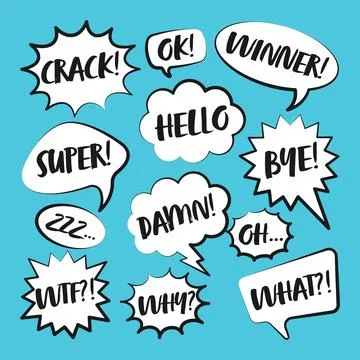 Comic speech bubbles with handwritten text. Outline, hand drawn retro cartoon Illustrazione stock