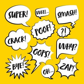 Comic speech bubbles with handwritten text. Outline, hand drawn retro cartoon Illustrazione stock