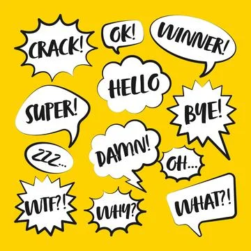 Comic speech bubbles with handwritten text. Outline, hand drawn retro cartoon 스톡 일러스트