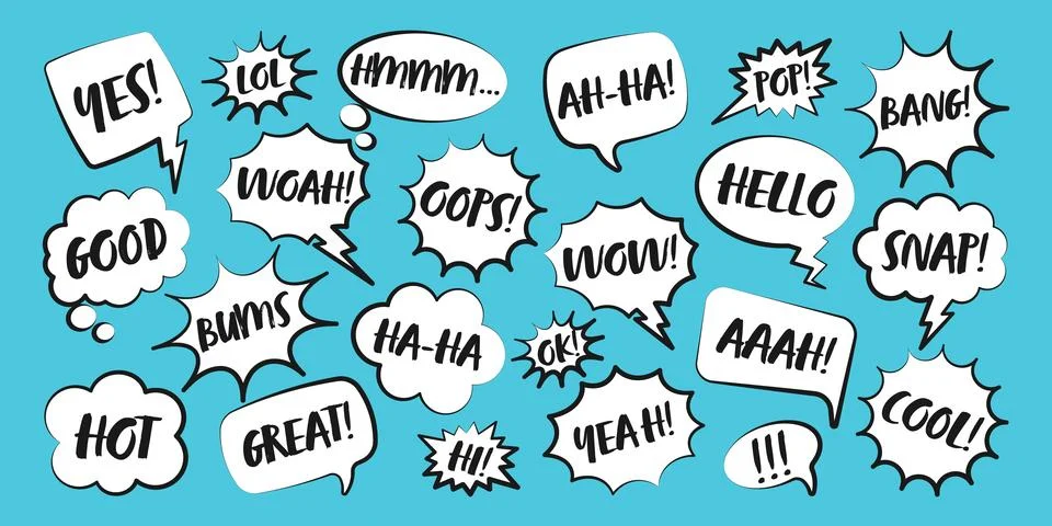Comic speech bubbles with handwritten text. Outline, hand drawn retro cartoon 스톡 일러스트