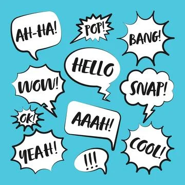 Comic speech bubbles with handwritten text. Outline, hand drawn retro cartoon 스톡 일러스트