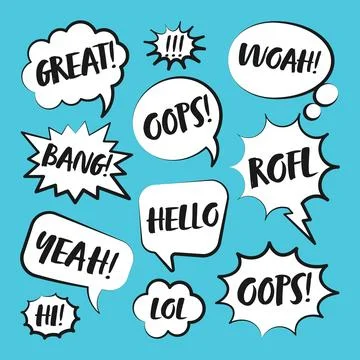 Comic speech bubbles with handwritten text. Outline, hand drawn retro cartoon Stockillustratie