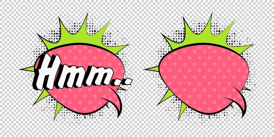 Comic speech bubbles with Hmm text and empty pink balloon on white backgrou.. Stock Illustration
