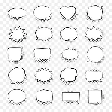 Comic speech bubbles isolated with halftone shadows on transparent background Stock Illustration