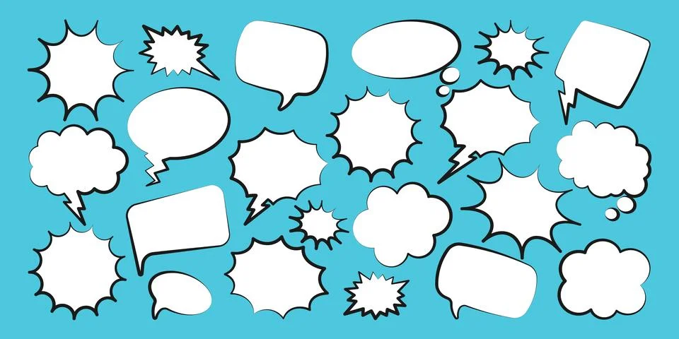 Comic speech bubbles. Outline, hand drawn retro cartoon stickers on blue 스톡 일러스트