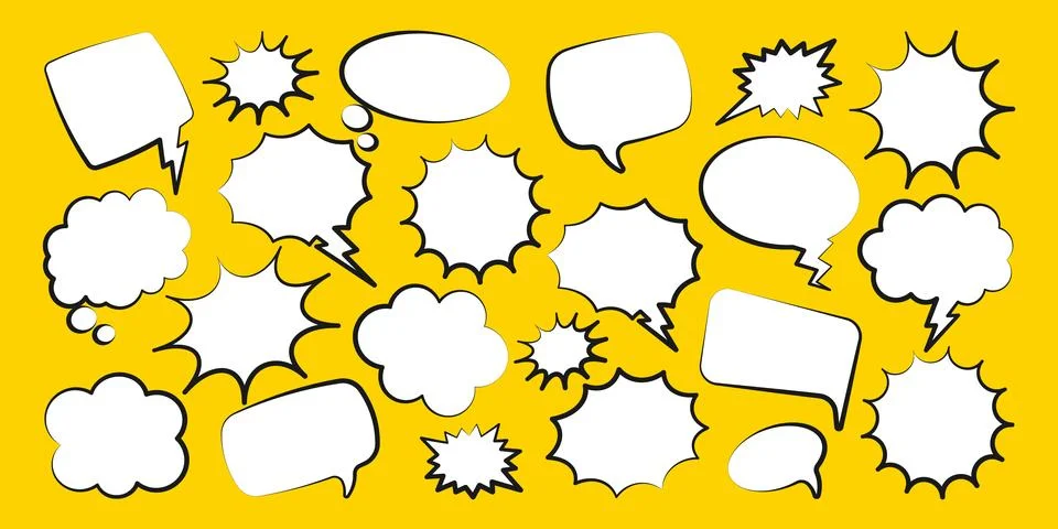 Comic speech bubbles. Outline, hand drawn retro cartoon stickers on yellow 스톡 일러스트
