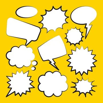 Comic speech bubbles. Outline, hand drawn retro cartoon stickers on yellow イラスト素材
