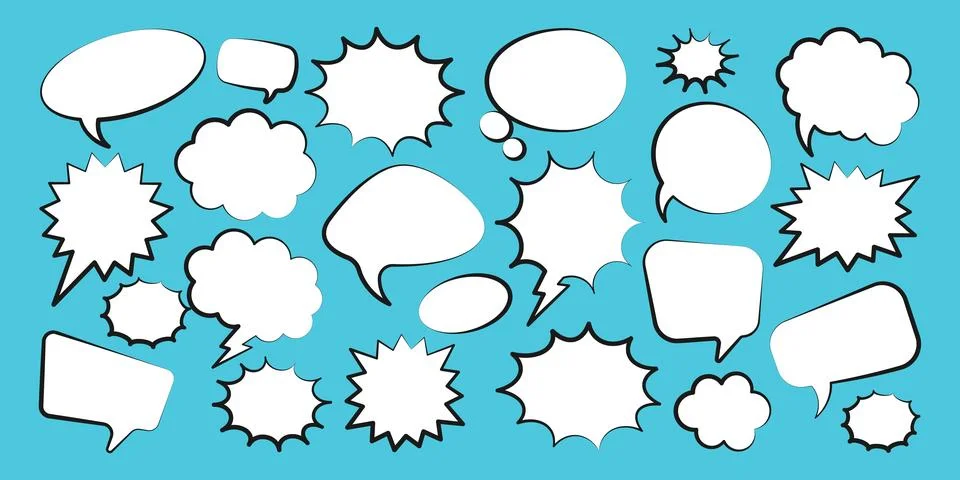 Comic speech bubbles. Outline, hand drawn retro cartoon stickers on blue 스톡 일러스트