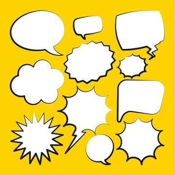 Comic speech bubbles. Outline, hand drawn retro cartoon stickers on yellow Stockillustratie