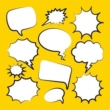 Comic speech bubbles. Outline, hand drawn retro cartoon stickers on yellow 스톡 일러스트