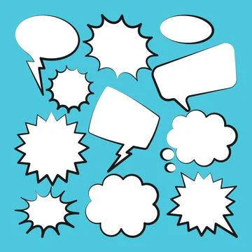 Comic speech bubbles. Outline, hand drawn retro cartoon stickers on blue 스톡 일러스트