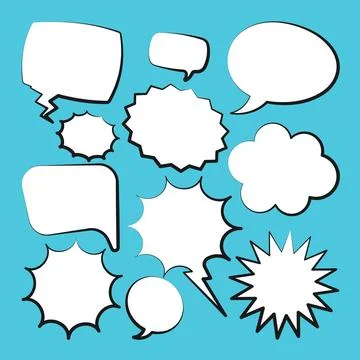 Comic speech bubbles. Outline, hand drawn retro cartoon stickers on blue Stockillustratie