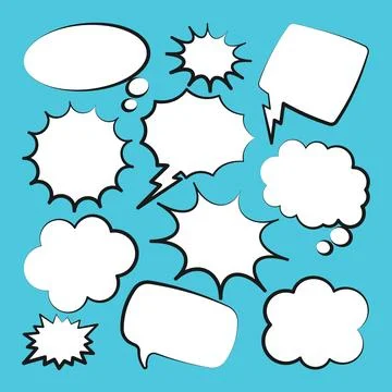 Comic speech bubbles. Outline, hand drawn retro cartoon stickers on blue 스톡 일러스트