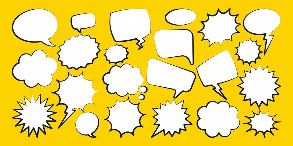 Comic speech bubbles. Outline, hand drawn retro cartoon stickers on yellow 스톡 일러스트