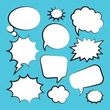Comic speech bubbles. Outline, hand drawn retro cartoon stickers on blue 스톡 일러스트