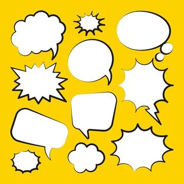 Comic speech bubbles. Outline, hand drawn retro cartoon stickers on yellow Illustrazione stock