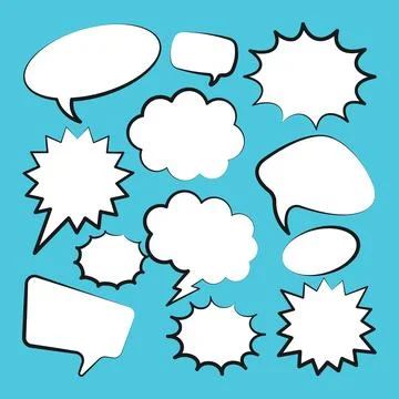Comic speech bubbles. Outline, hand drawn retro cartoon stickers on blue イラスト素材