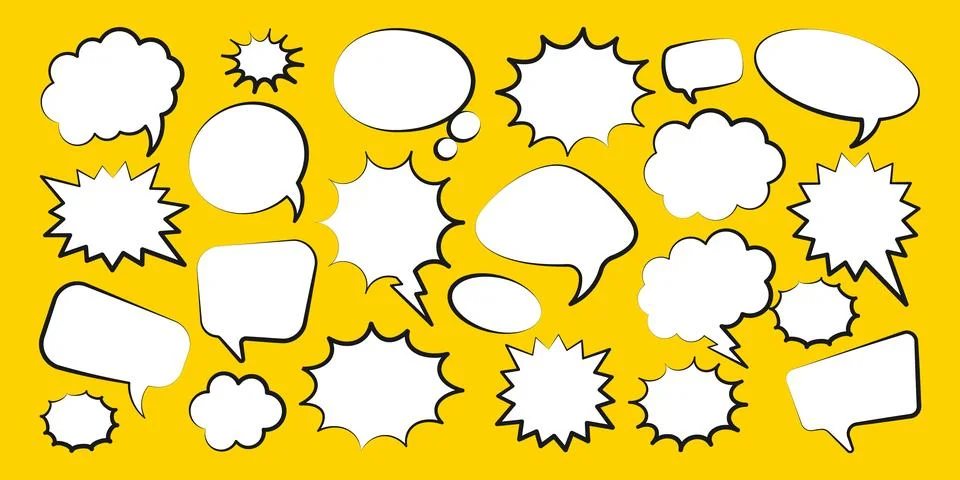 Comic speech bubbles. Outline, hand drawn retro cartoon stickers on yellow 스톡 일러스트
