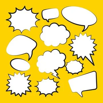Comic speech bubbles. Outline, hand drawn retro cartoon stickers on yellow 스톡 일러스트