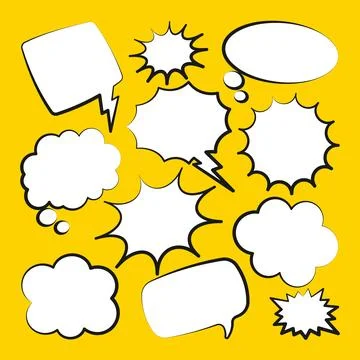 Comic speech bubbles. Outline, hand drawn retro cartoon stickers on yellow イラスト素材