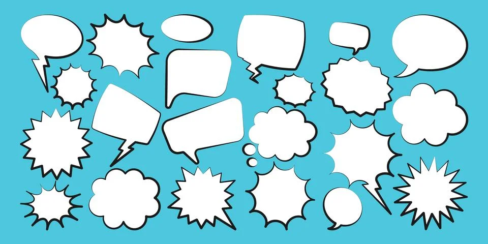 Comic speech bubbles. Outline, hand drawn retro cartoon stickers on blue イラスト素材