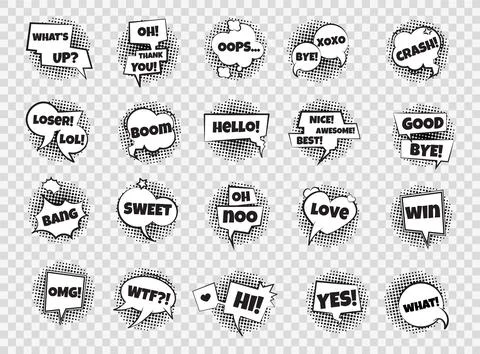 Comic speech bubbles. Pop art dialog frames. Collection of expressive phrases 库存插图
