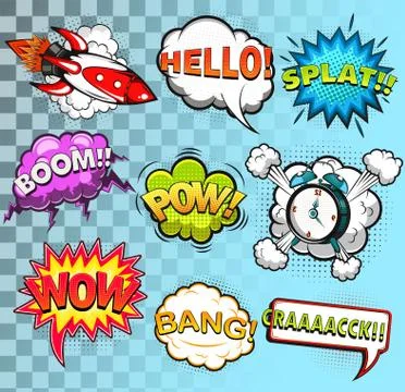 Comic speech bubbles. Rocket. Alarm clock. Sound effects. Vector illustration Stock Illustration